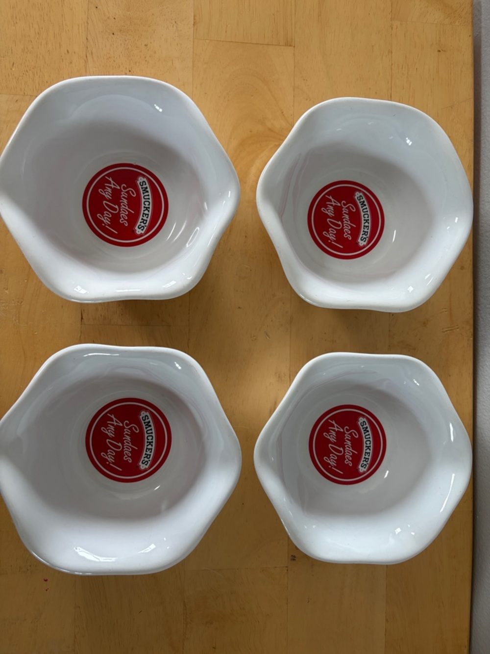 Smucker’s Sundaes Any Day White Ceramic Dessert Bowls with Red Logo - Set of 4
